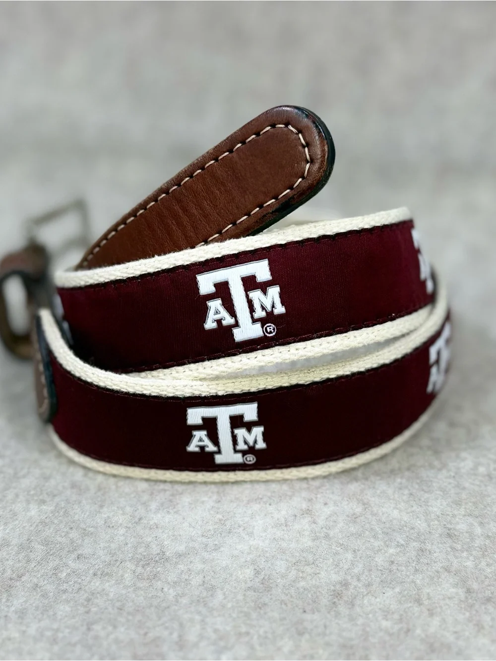 Texas A&M Brown Leather Belt with Maroon A&M Logo detail and Silver Buckle Sz 26